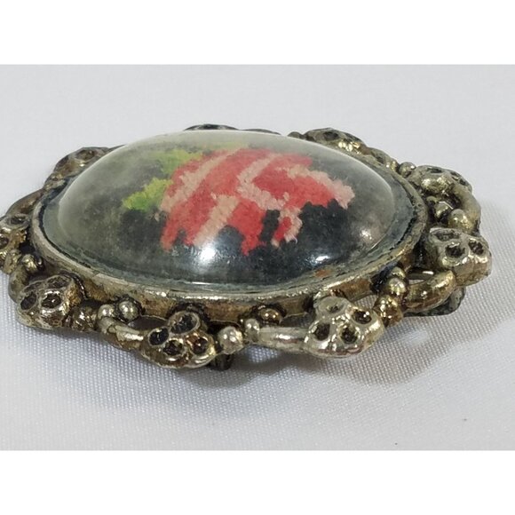 Needlepoint Pink Rose Brooch Cross-Stitch Oval Vintage Gold-Tone - Picture 5 of 7